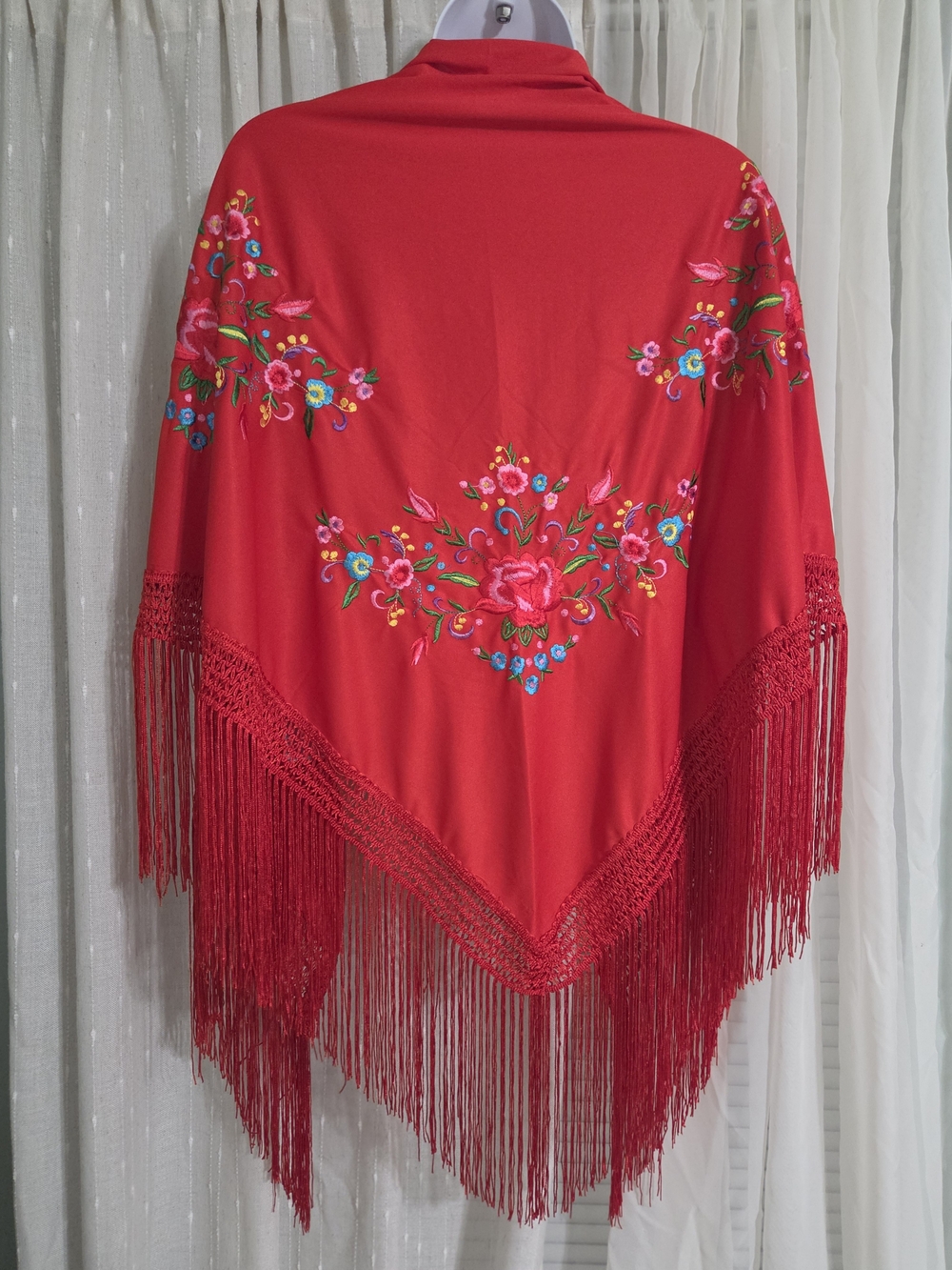 Red Floral Embroidered Fringe Shawl